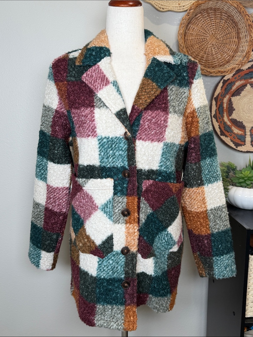 NEW Women's LIV Outdoor Magnolia Overcoat Boucle Knit Pecan Plaid Size Small